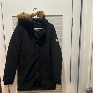 Guess Black Coat with Faux Fur Trim